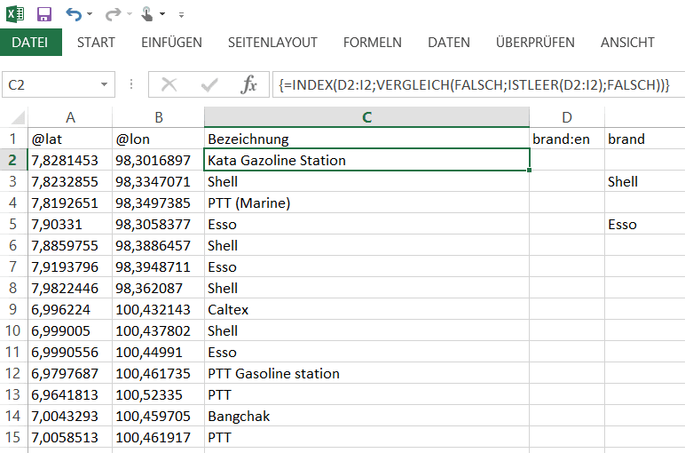 Thailands Tankstellen in Excel mit passender Bezeichnung